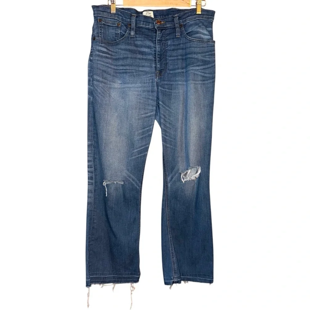 J. CREW Billie Demi Boot Crop Jeans in Warm Indigo Distressed Plus Size 32